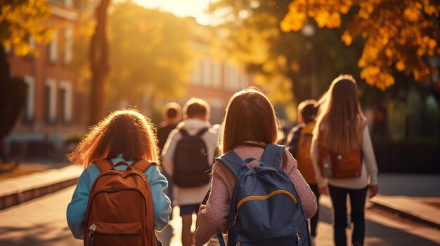 crianças felizes com mochila na escola