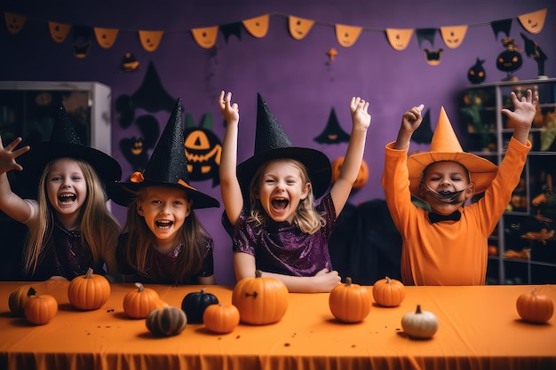 Crianças felizes comemorando o Halloween em uma sala de aula