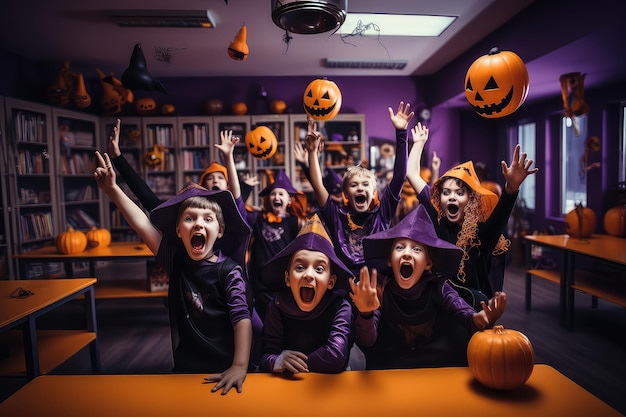 Crianças felizes comemorando o Halloween em uma sala de aula