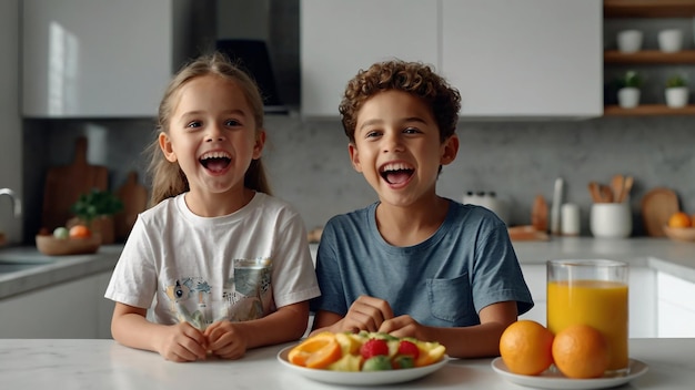 crianças felizes comendo lanches saudáveis na cozinha branca em casa