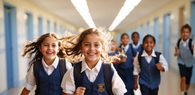 Foto crianças felizes correndo pelo corredor.