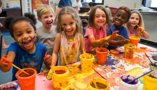 Crianças felizes criam arte colorida em sala de aula gerada por IA