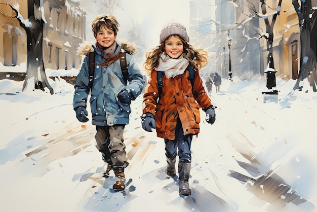 crianças felizes, crianças em idade escolar, amigos nas férias, brincam e correm lá fora no inverno Cartão de Natal