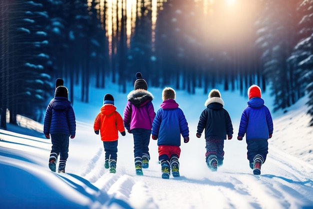 Crianças felizes descendo de trenó na floresta nevada de inverno