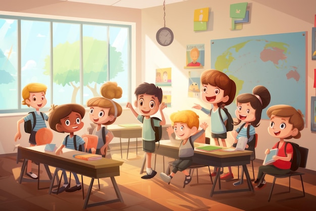 Crianças felizes e animadas na sala de aula prontas para a aula de volta à escola
