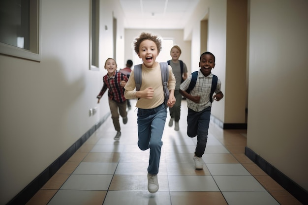 Crianças felizes e diversificadas correndo no corredor da escola