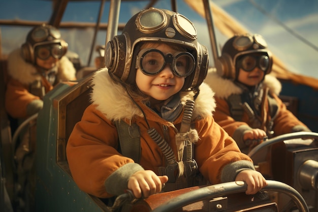Crianças felizes e risonhas pilotando um avião, aventura infantil e piloto de amizade brincando