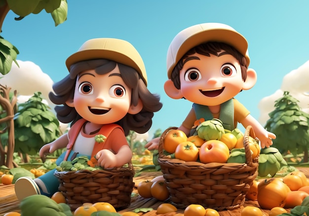 Crianças felizes numa quinta com cestas de legumes e frutas geradas pela IA