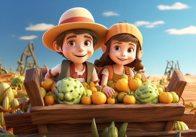 Crianças felizes numa quinta com cestas de legumes e frutas geradas pela IA