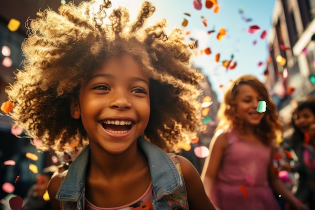 Foto crianças felizes rindo enquanto se divertem com confetes