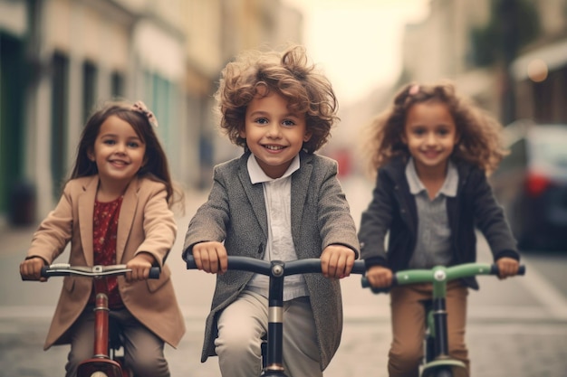 Foto crianças felizes satisfeitas andam de scooter