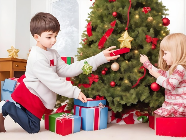 Crianças fofas e animadas Crianças abrindo presentes de Natal Árvore de Natal decorada AI Gerar