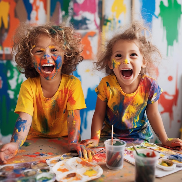 Crianças fofas rindo juntas e se divertindo com tintas Pintadas nas mãos da pele Retrato de criança