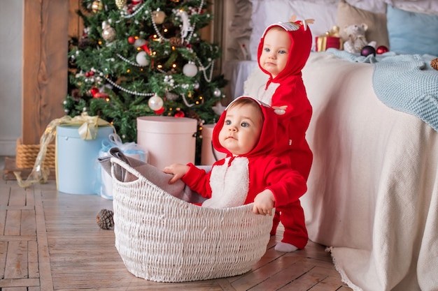 Crianças gêmeas em ternos vermelhos de Papai Noel estão sentados lado a lado em casa contra o fundo de uma árvore de Natal