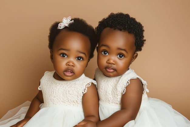 Crianças gêmeas idênticas afro-americanas bonitas contra um fundo castanho pastel