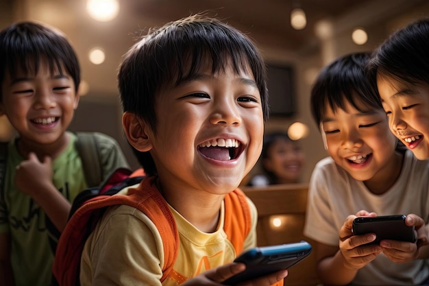 Crianças generativas a desfrutar da excitação de usar um telemóvel.