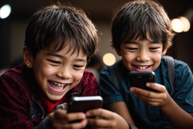 Crianças generativas a desfrutar da excitação de usar um telemóvel.