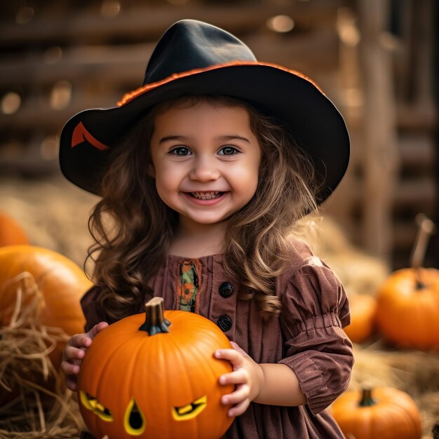 Crianças Halloween Uma linda menina doce em uma fantasia de bruxa usando um chapéu