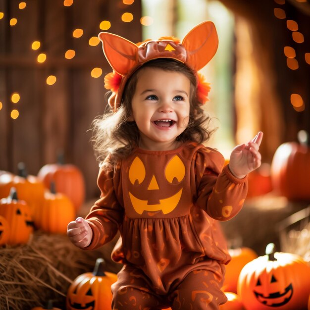 Crianças Halloween Uma linda menina doce em uma fantasia de bruxa usando um chapéu