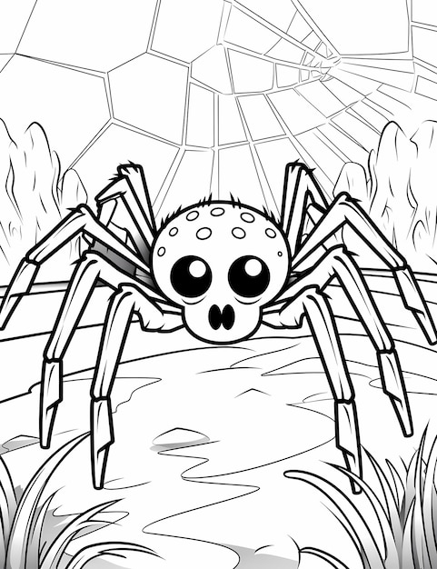 Foto crianças ilustradas página para colorir teia de aranha com estilo de desenho animado de aranha