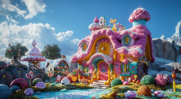 Crianças imaginativas de desenhos animados em 3D em uma aventura em uma casa de doces
