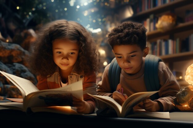 Foto crianças imersas na leitura na biblioteca.