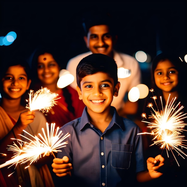 Foto crianças indianas celebram diwali bhai dooj rakhi e raksha bandhan com fogos de artifício