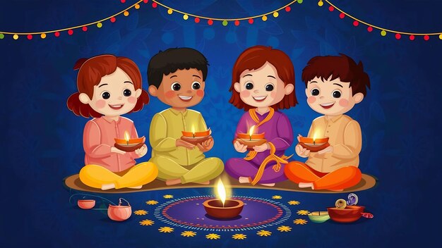 Foto crianças indianas celebrando diwali deepawali bhai dooj ou rakhi ou raksha bandhan com flores rangoli