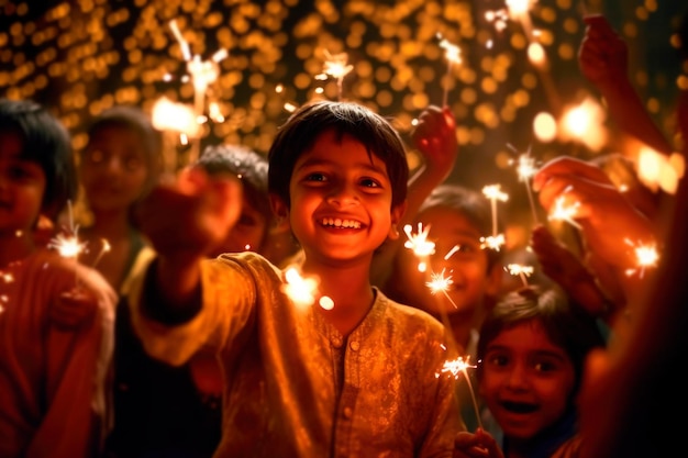 Crianças indianas felizes com lâmpada de óleo acesa em velas bokeh Diwali fundo Festival tradicional de luzes Celebração Deepavali gerada AI