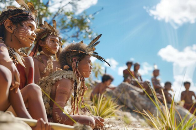 Crianças indígenas a aprender competências tradicionais