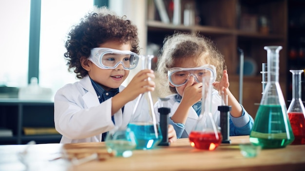 Crianças inventivas na aula de ciências Mentes jovens curiosas explorando o conceito de educação em sala de aula STEM