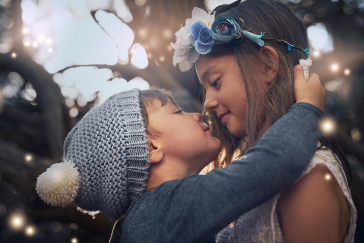 Foto crianças irmão e irmã com beijo no parque para vincular amor e cuidado com conexão por árvores no inverno crianças princesa e família com abraço coroa e ao ar livre para aventura na floresta na itália