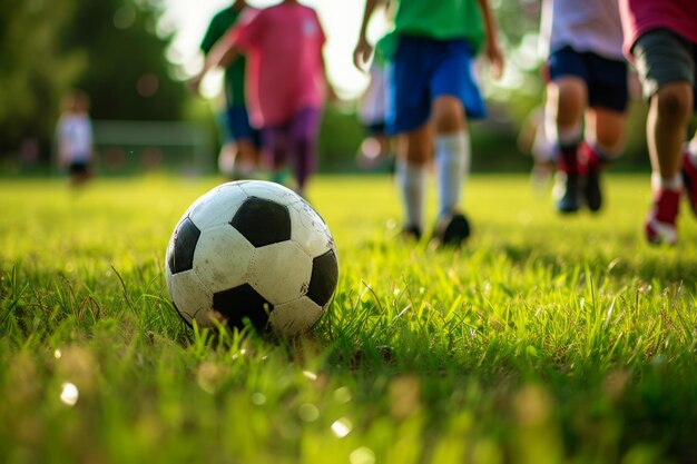 Crianças jogando em uma partida de futebol amigável