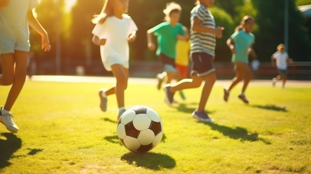 Crianças jogando futebol em um dia ensolarado