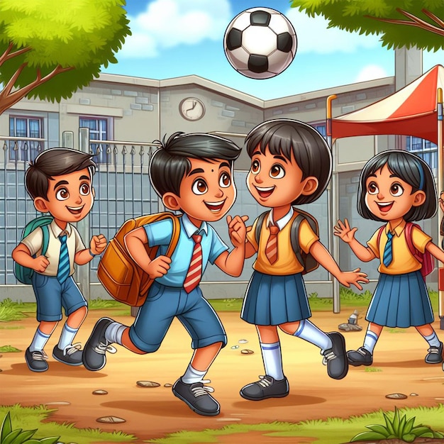 Crianças jogando futebol em um playground Ilustração de desenho animado para livro de histórias escolar