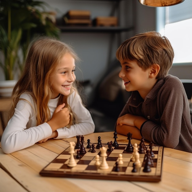 Foto crianças jogando xadrez menina e menino jogando xadrez