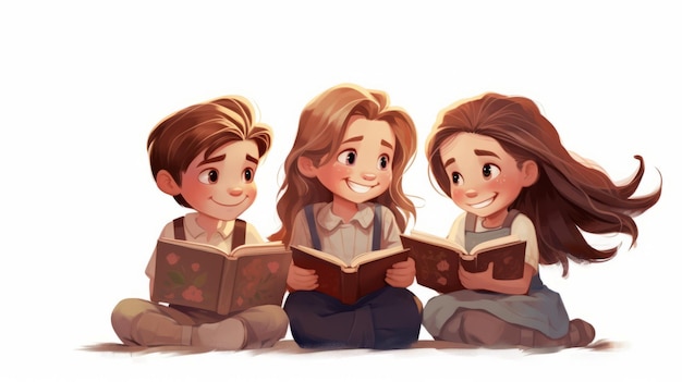 Foto crianças lendo desenhos animados de livros