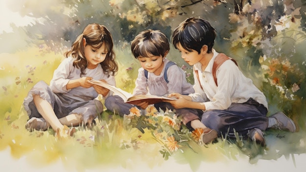 Crianças lendo livro de histórias juntos ilustração