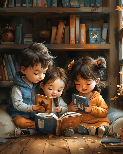 Crianças lendo livros juntos O papel de parede