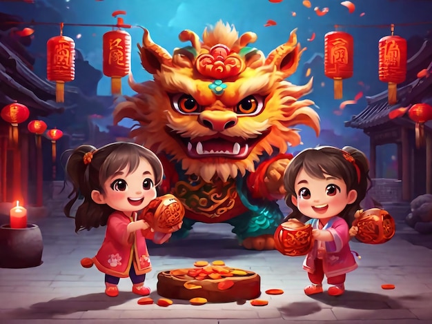 Crianças lindas de CNY jogando dança do leão e do dragão saindo juntos com coisas tradicionais Fortune