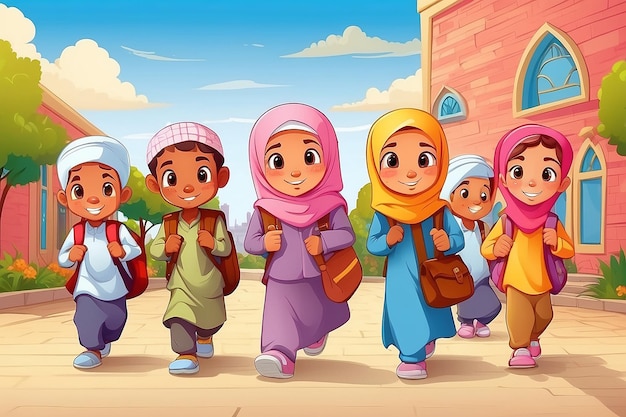 Crianças muçulmanas de desenho animado a ir para a escola.