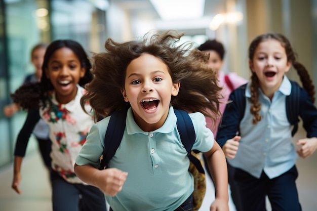 Crianças multirraciais correndo no corredor da escola incorporando entusiasmo de volta às aulas