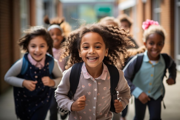 Crianças multirraciais correndo no corredor da escola incorporando entusiasmo de volta às aulas