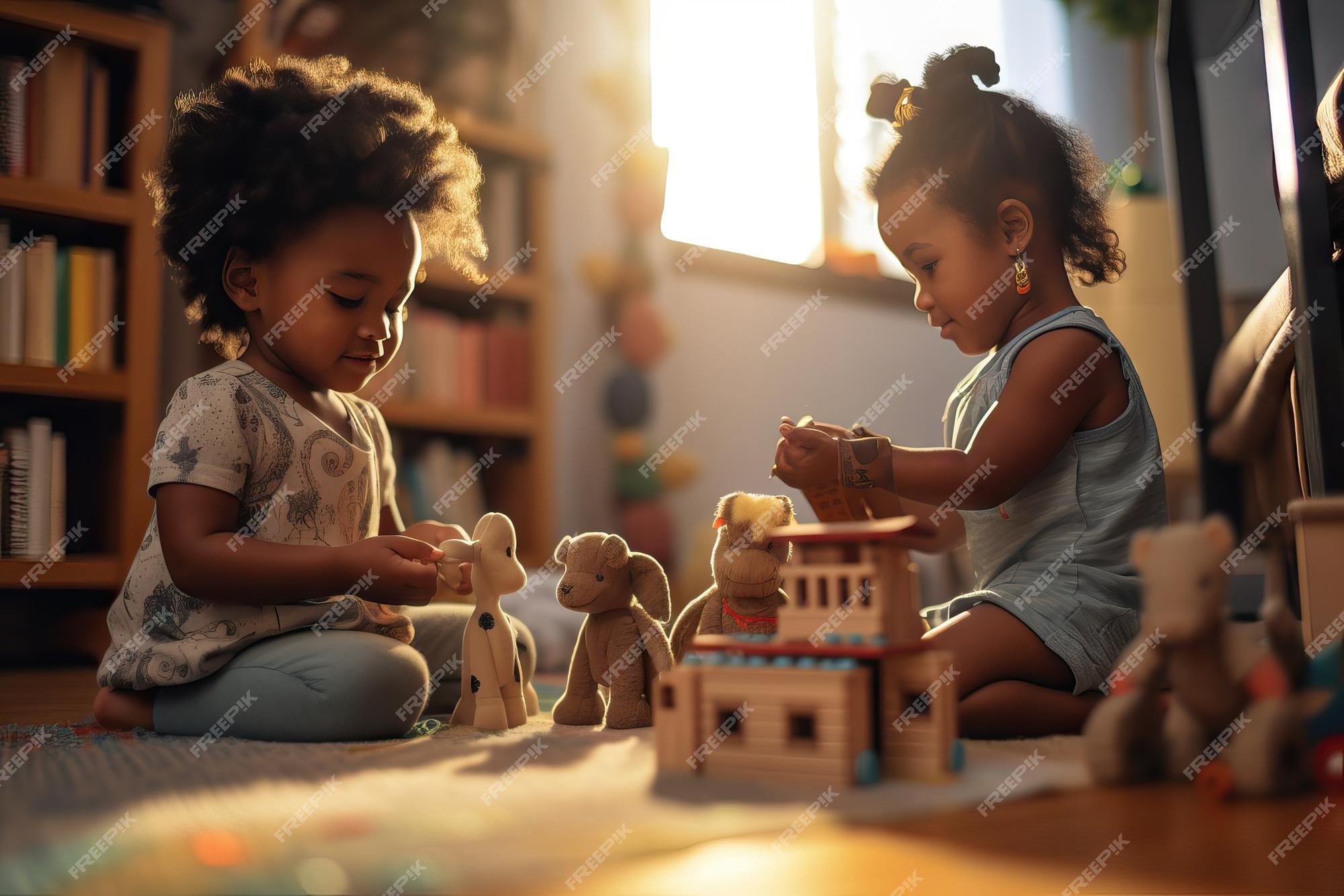 Foto Namoradinhas negras sentadas em banco de madeira e brincando ao ar  livre. Conceito de infância. Ideia de amizade. Estilo de vida infantil  moderno. Meninas morenas cacheadas alegres. Ensolarado durante o dia –