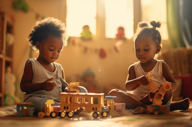 Crianças negras e bonitas brincando com brinquedos em casa amigos de cena colorida brincando juntos