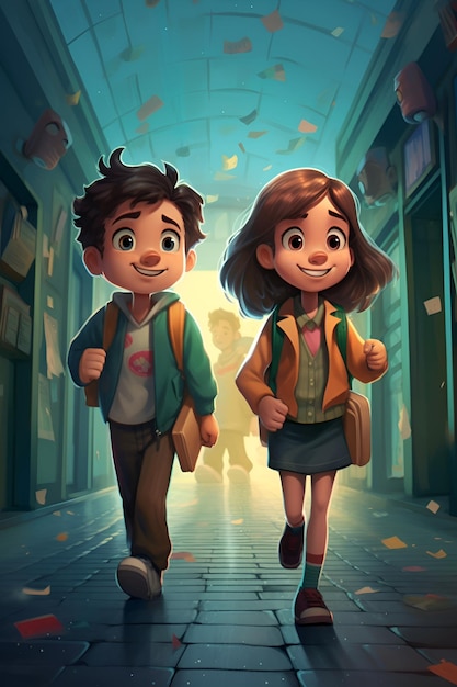 Crianças no corredor de um edifício escolar ilustração para crianças