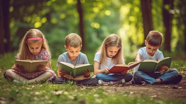 Crianças no parque lendo livros Generative AI