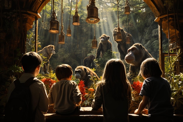 crianças no zoológico observando o desenvolvimento da criança-macaco