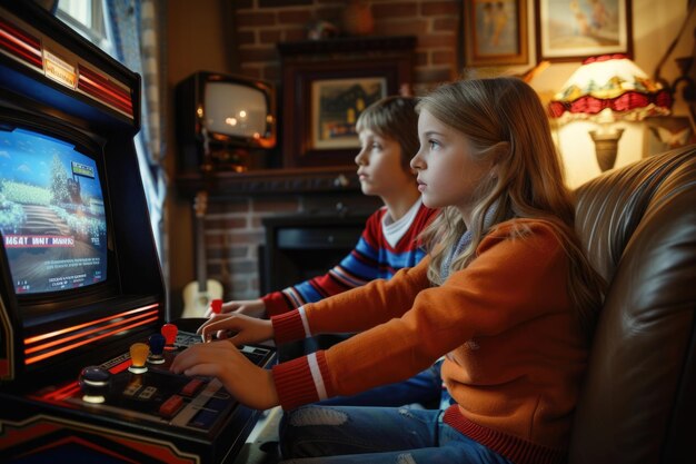 Foto crianças nostálgicas a jogar videogames da velha escola em casa.