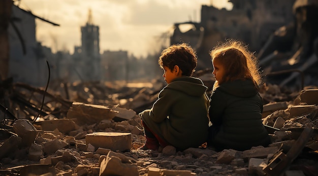 Crianças palestinas olham para a destruição do efeito da crise de guerra edifícios danificados na cidade